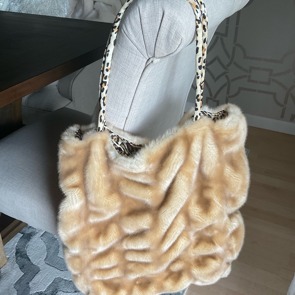 Faux Fur Tan Tote Bag with Leopard-Print Handles